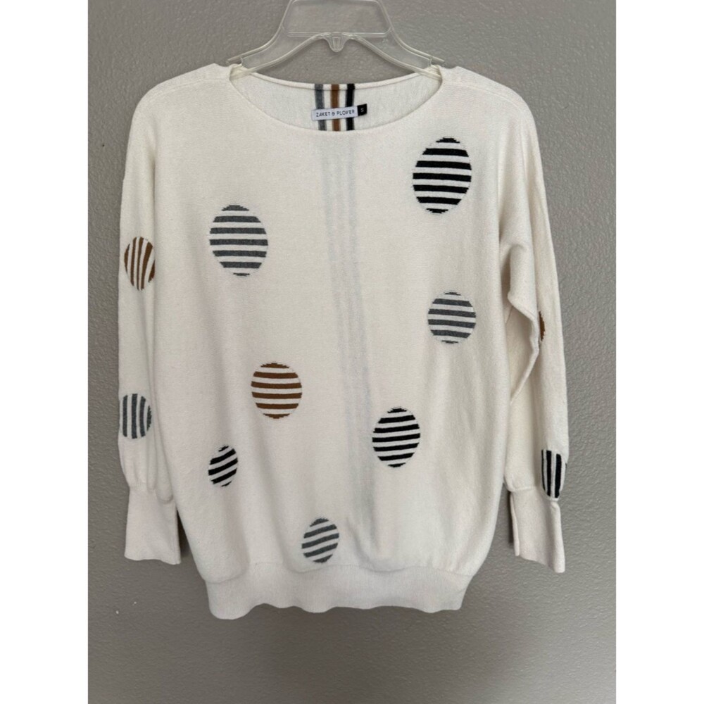 ZAKET & PLOVER Stripe Spot Sweater Small Cashmere Cotton Blend Chalk White Dot